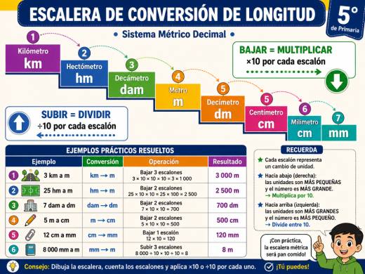 Escalera de conversión de longitud: km, hm, dam, m, dm, cm, mm