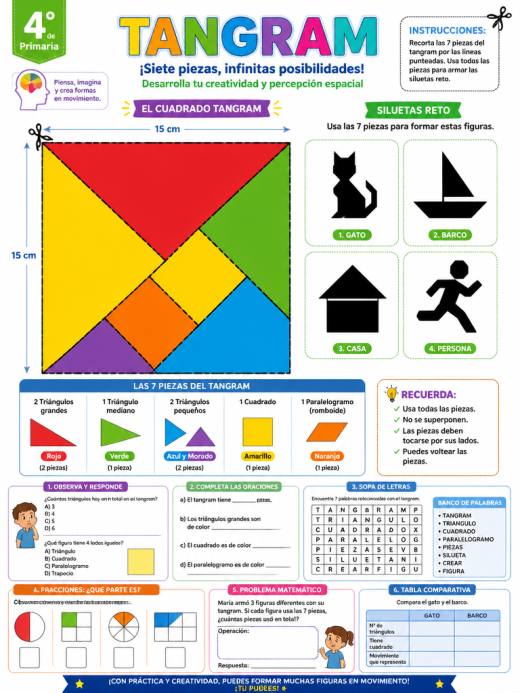 Tangram con siluetas de personas y figuras en movimiento