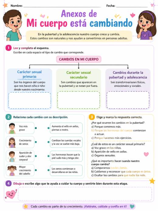 Hoja de Trabajo: Anexos de Mi cuerpo está cambiando (Primaria) (v2)