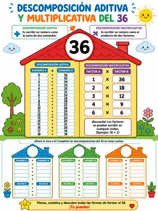 Descomposición aditiva y multiplicativa del 36