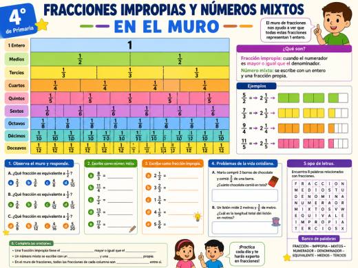 Fracciones impropias y números mixtos en el muro