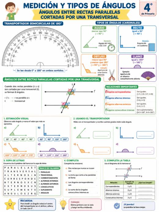 Ángulos entre rectas paralelas cortadas por una transversal