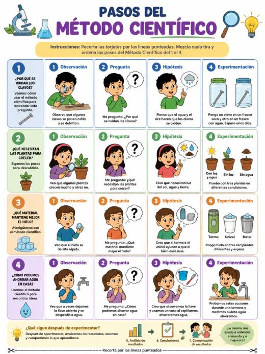 Pasos del Método Científico en Tarjetas Ordenables