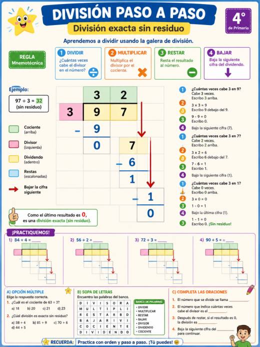 División paso a paso: División exacta sin residuo