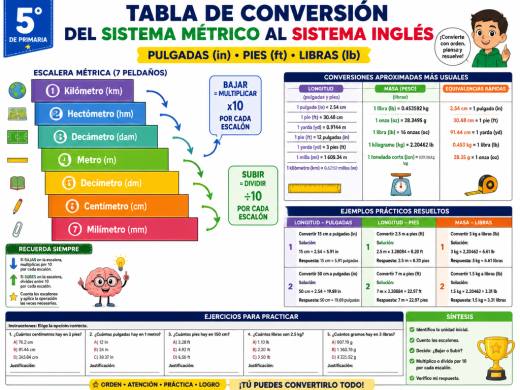 Tabla de conversión del Sistema Métrico al Sistema Inglés (pulgadas, pies, libras)