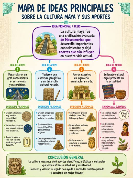 Mapa de Ideas Principales sobre la Cultura Maya y sus Aportes