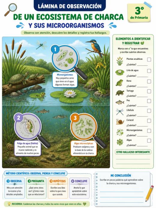Lámina de Observación de un Ecosistema de Charca y sus Microorganismos