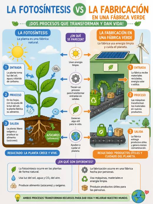 Esquema Visual: La Fotosíntesis vs La Fabricación en una Fábrica Verde