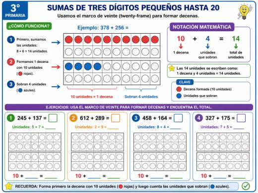Sumas de tres dígitos pequeños hasta 20