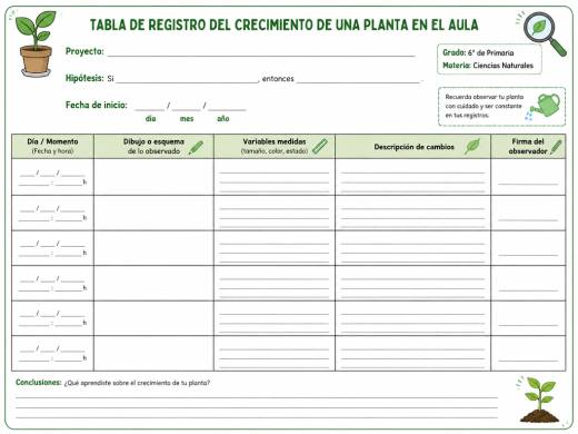 Tabla de Registro del Crecimiento de una Planta en el Aula