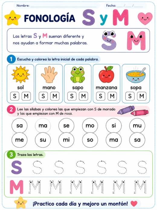 Hoja de Trabajo: fonologia s y m (1° de Primaria)