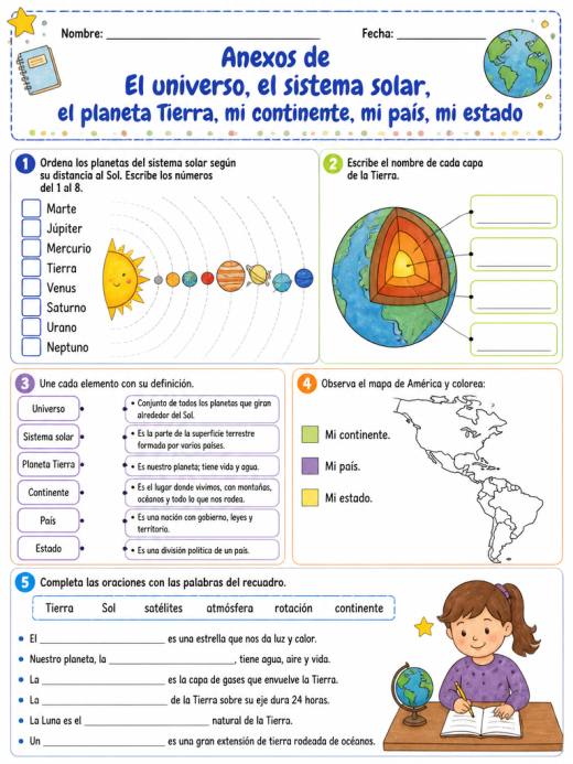 Anexos de El universo, el sistema solar, el planeta Tierra, mi continente, mi país, mi estado (4° de Primaria)