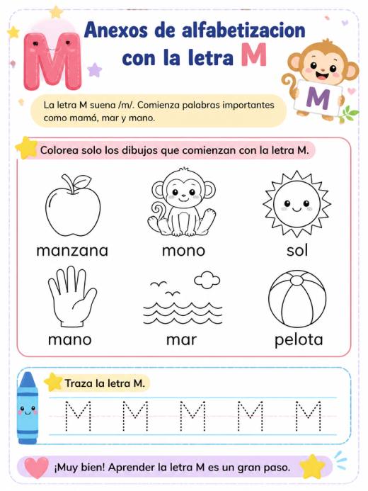Anexos de alfabetizacion con la letra M (1° de Primaria)