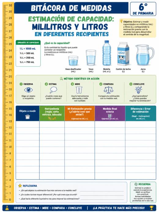 Estimación de capacidad: Mililitros y litros en diferentes recipientes