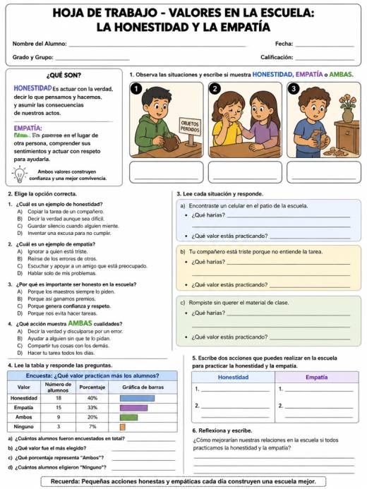 Hoja de Trabajo: Valores en la Escuela: La Honestidad y la Empatía (5° de Primaria)