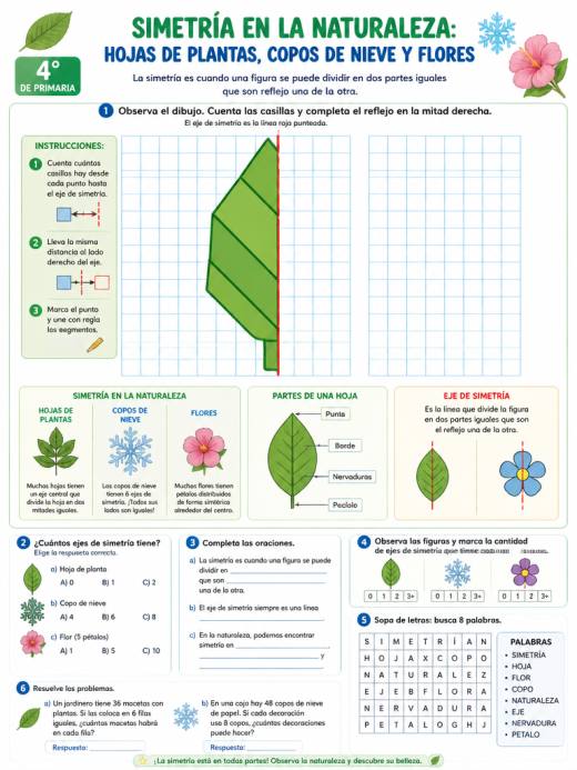 Simetría en la naturaleza: Hojas de plantas, copos de nieve y flores