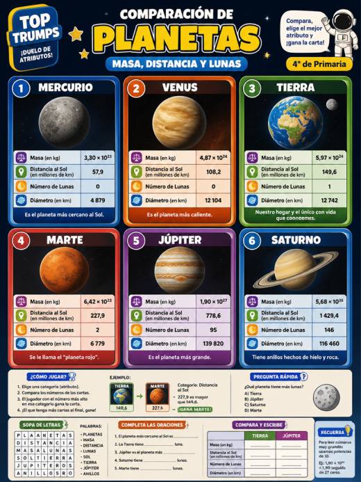 Comparación de Planetas: Masa, Distancia y Lunas