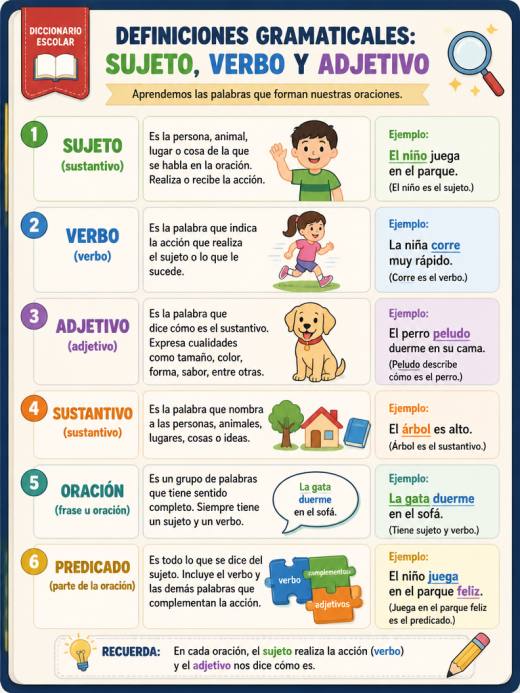 Definiciones Gramaticales: Sujeto, Verbo y Adjetivo