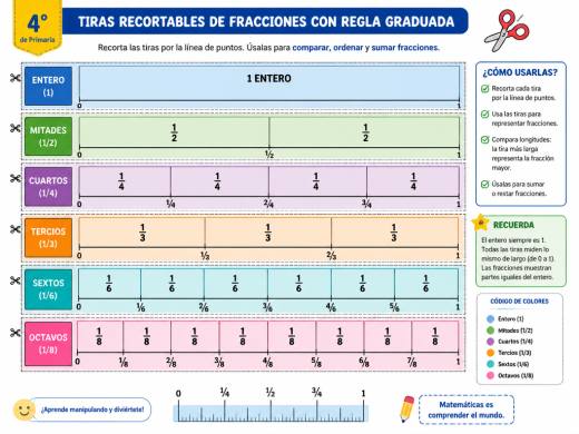 Tiras recortables de fracciones con regla graduada
