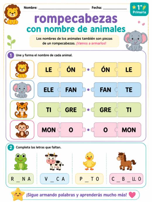 Hoja de Trabajo: rompecabezas con nombre de animales (1° de Primaria)