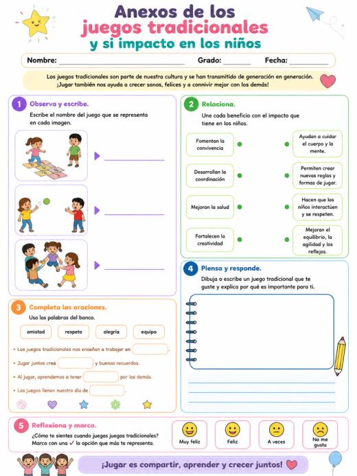 Hoja de Trabajo: Anexos de los juegos tradicionales y si impacto en los niños (Primaria)