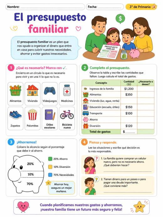 Hoja de Trabajo: El presupuesto familiar (3° de Primaria)