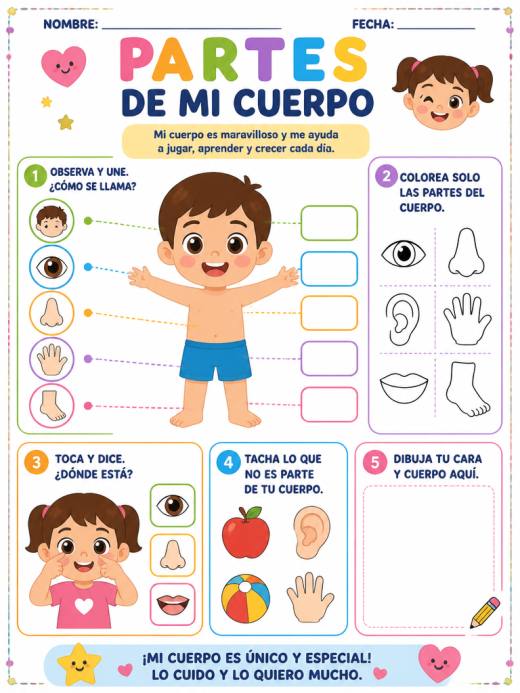 Hoja de Trabajo: partes de mi cuerpo (1° de Preescolar)