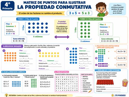 Matriz de puntos para ilustrar la propiedad conmutativa (3x5 = 5x3)