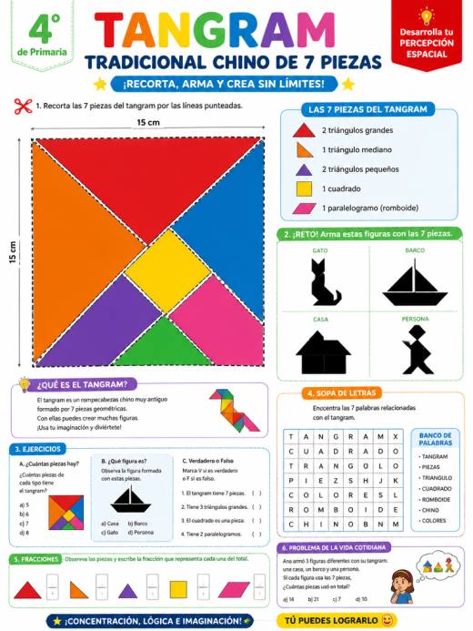 Tangram tradicional chino de 7 piezas recortable a color
