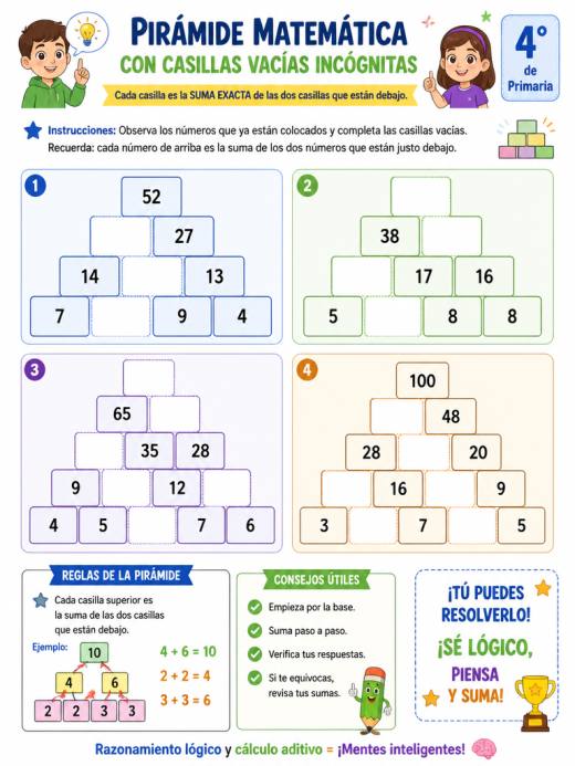 Pirámide matemática con casillas vacías incógnitas