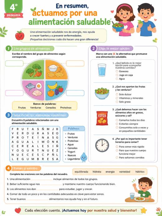 Hoja de Trabajo: En resumen, actuamos por una alimentación saludable (4° de Primaria)