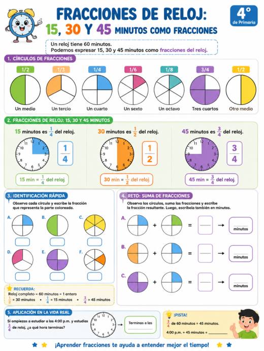 Fracciones de reloj: 15, 30 y 45 minutos como fracciones