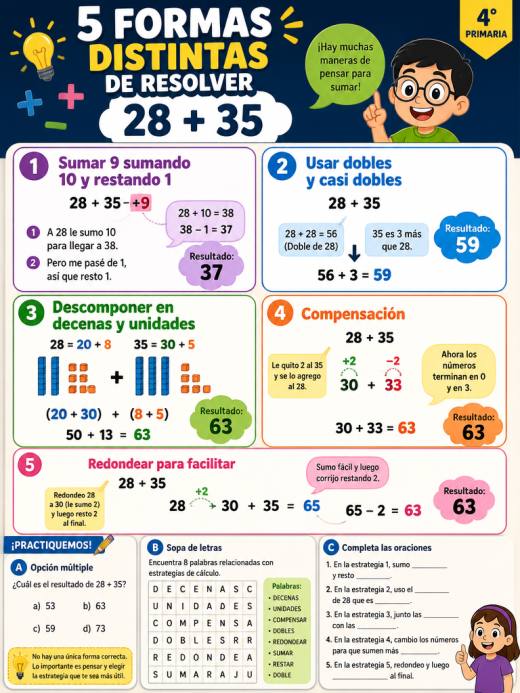Panel: 5 formas distintas de resolver 28 + 35