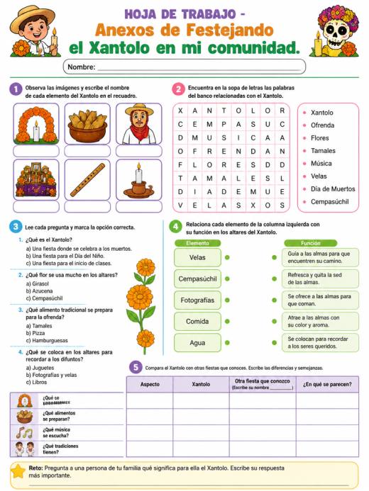 Hoja de Trabajo: Anexos de Festejando el Xantolo en mi comunidad. (3° de Primaria)