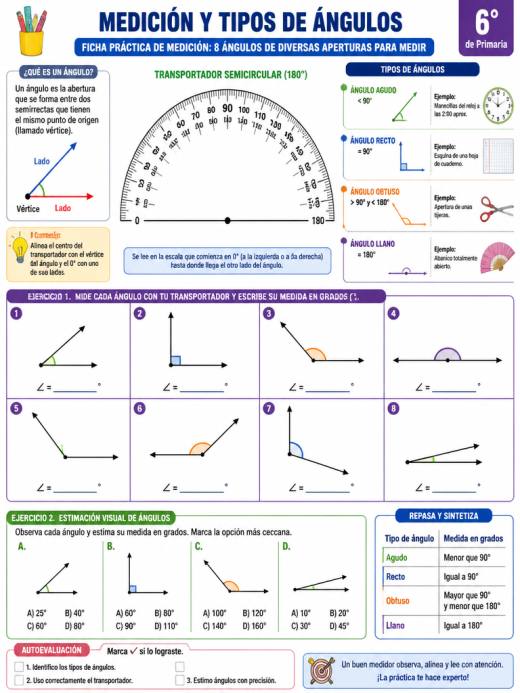 Ficha práctica de medición: 8 ángulos de diversas aperturas para medir
