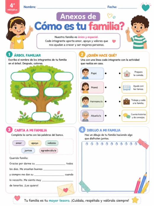 Hoja de Trabajo: Anexos de Cómo es tu familia? (4° de Primaria)