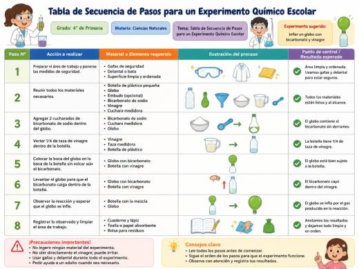 Tabla de Secuencia de Pasos para un Experimento Químico Escolar