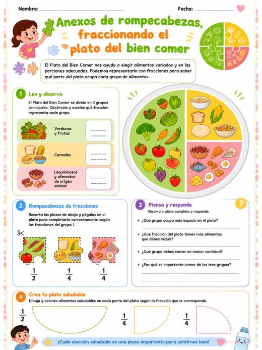 Anexos de rompecabezas, fraccionando el plato del  bien comer (4° de Primaria)