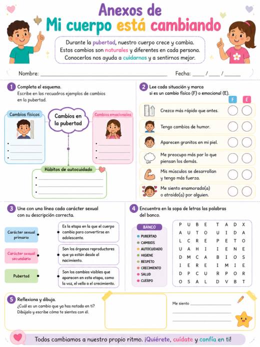 Hoja de Trabajo: Anexos de Mi cuerpo está cambiando (Primaria)