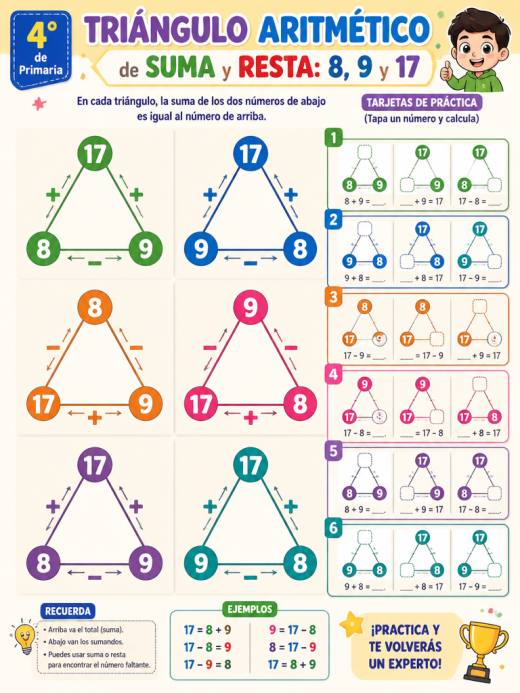 Triángulo aritmético de suma y resta: 8, 9 y 17