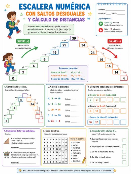 Escalera numérica con saltos desiguales y cálculo de distancias