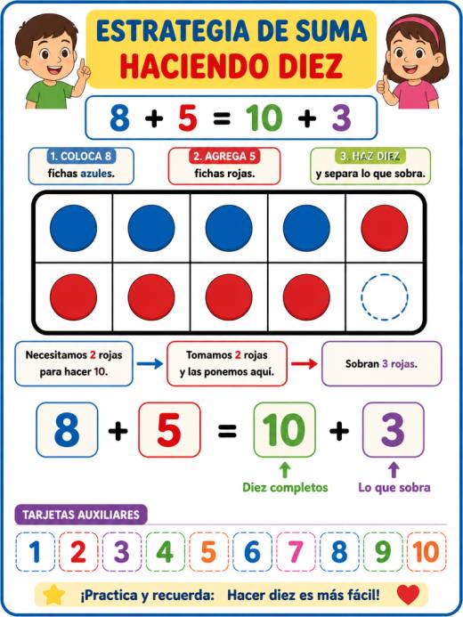 Estrategia de suma haciendo diez (8 + 5 = 10 + 3)