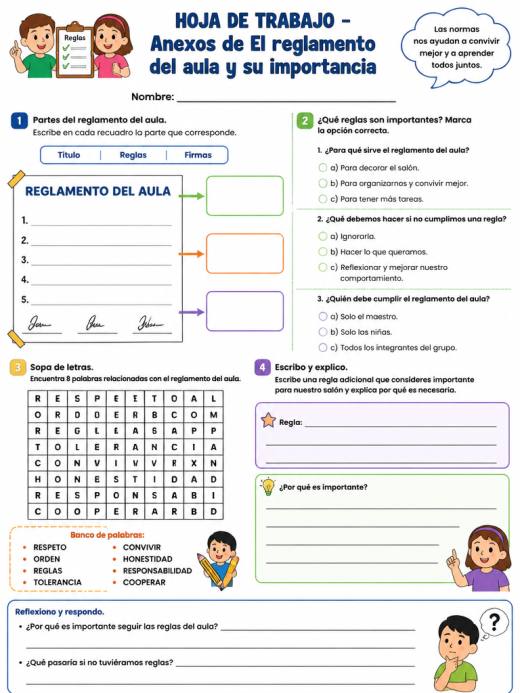 Hoja de Trabajo: Anexos de El reglamento del aula y su importancia (Primaria)
