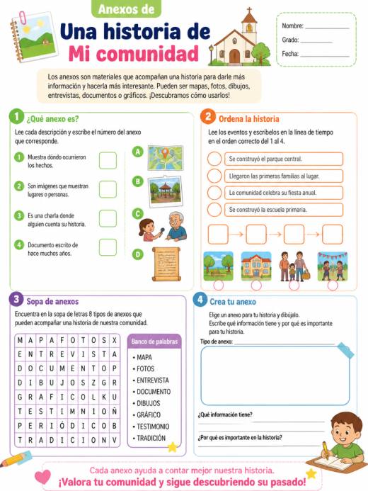 Hoja de Trabajo: Anexos de Una historia de Mi comunidad (Primaria)