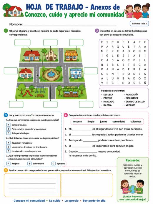 Hoja de Trabajo: Anexos de Conozco, cuido y aprecio mi comunidad (Primaria)