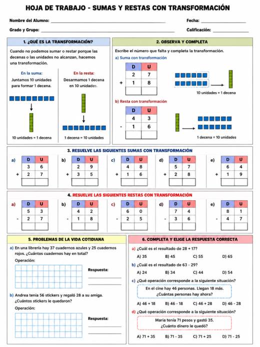 Hoja de Trabajo: Sumas y Restas con Transformación (3° de Primaria)