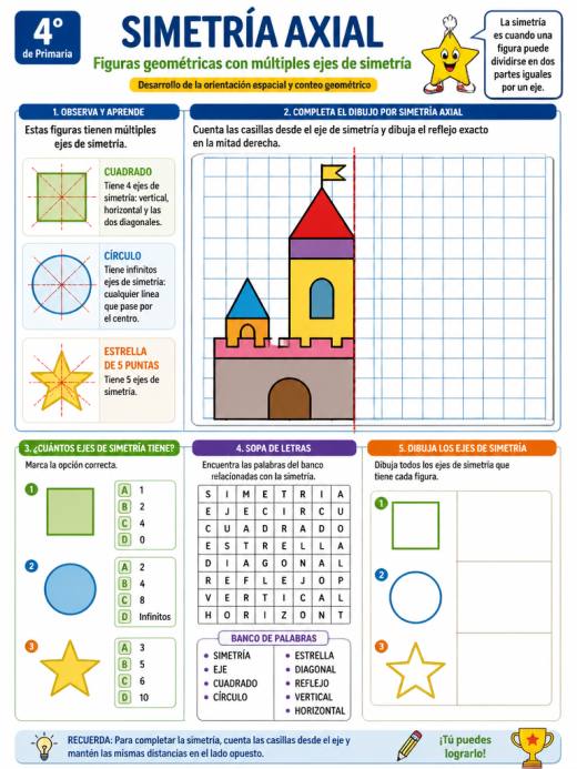 Figuras geométricas con múltiples ejes de simetría (cuadrado, círculo, estrella)