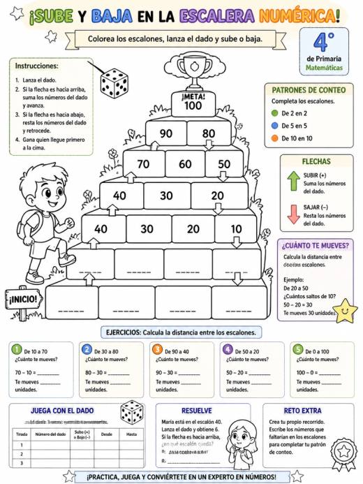 Plantilla de escalera para colorear y saltar con dados