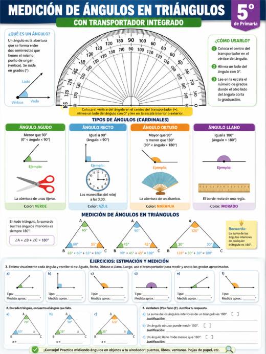 Medición de ángulos en triángulos con transportador integrado