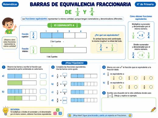 Barras de equivalencia fraccionaria de 1/2 y 2/4
